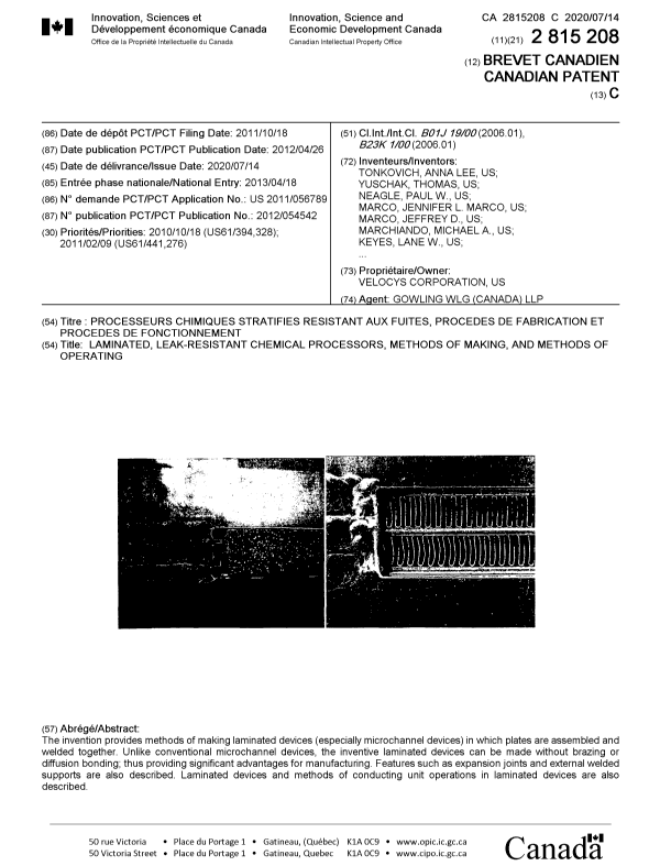 Document de brevet canadien 2815208. Page couverture 20200617. Image 1 de 2