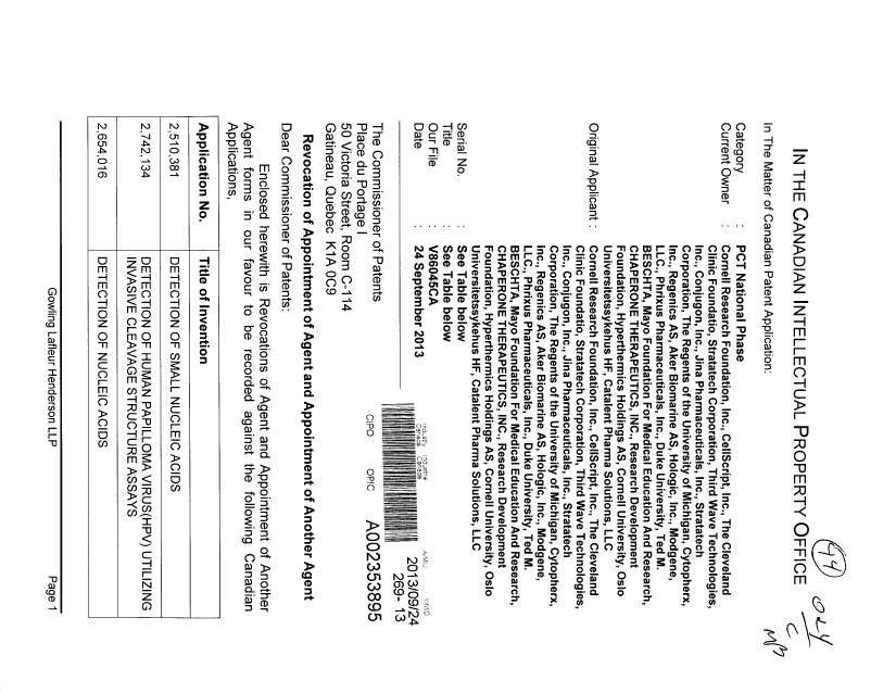 Document de brevet canadien 2815209. Correspondance 20121224. Image 1 de 5