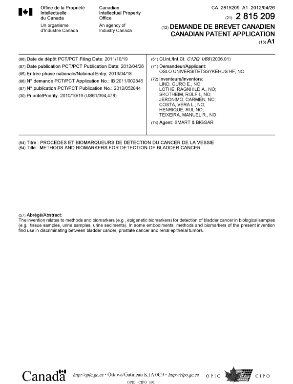 Document de brevet canadien 2815209. Page couverture 20121227. Image 1 de 1