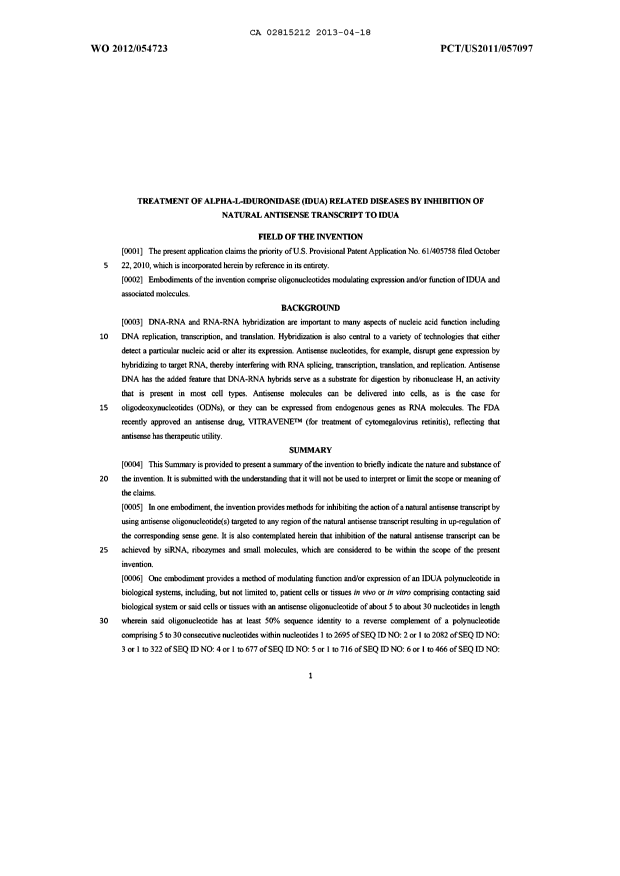 Document de brevet canadien 2815212. Description 20121218. Image 1 de 55