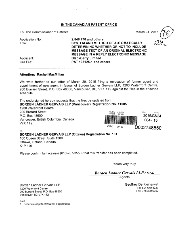 Document de brevet canadien 2815229. Correspondance 20141224. Image 1 de 6