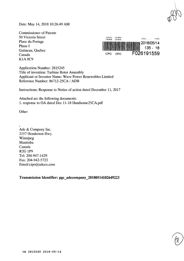 Document de brevet canadien 2815245. Modification 20180514. Image 1 de 7