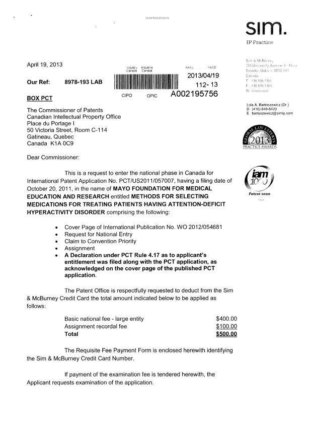 Document de brevet canadien 2815345. Cession 20130419. Image 1 de 10