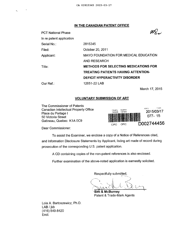 Document de brevet canadien 2815345. Correspondance de la poursuite 20150317. Image 1 de 1