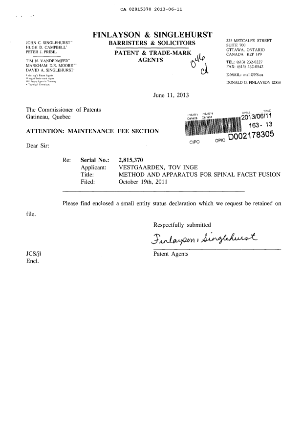Document de brevet canadien 2815370. Correspondance 20130611. Image 1 de 2
