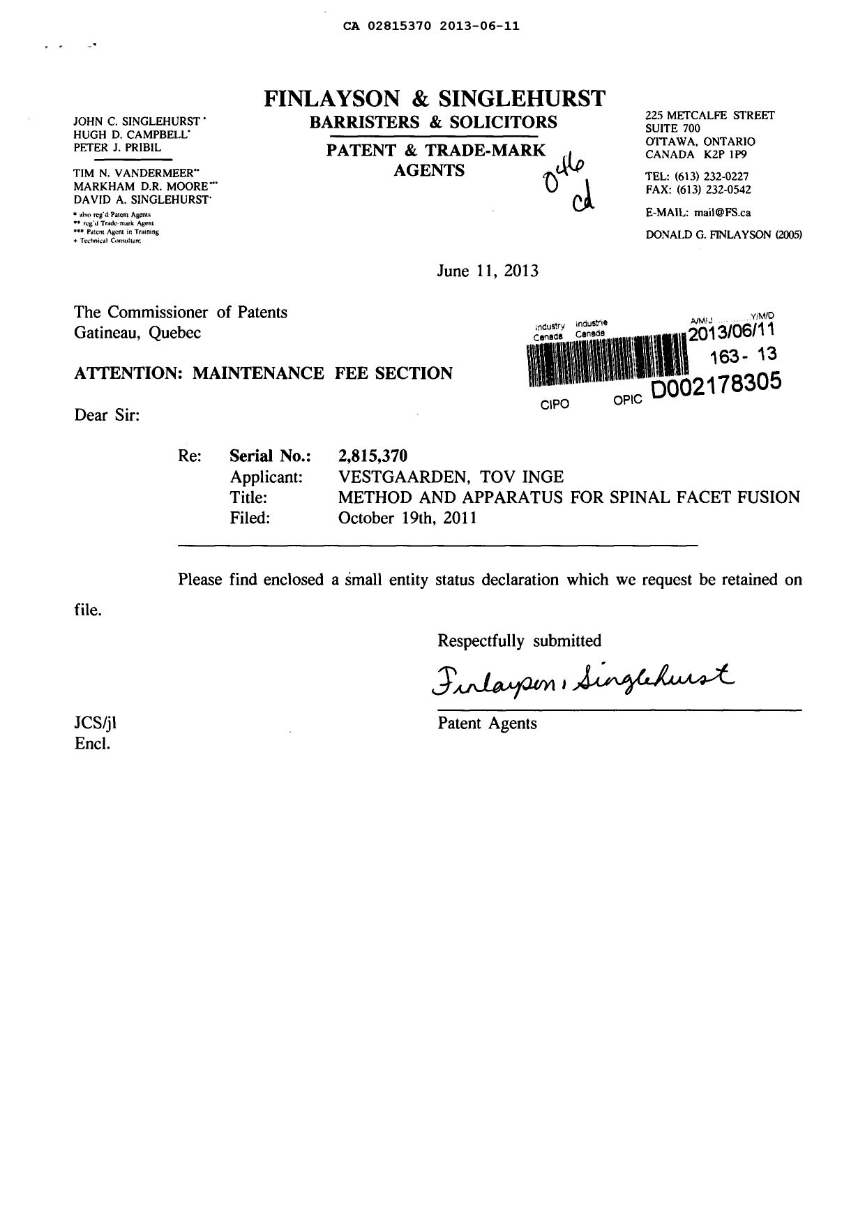 Canadian Patent Document 2815370. Correspondence 20130611. Image 1 of 2