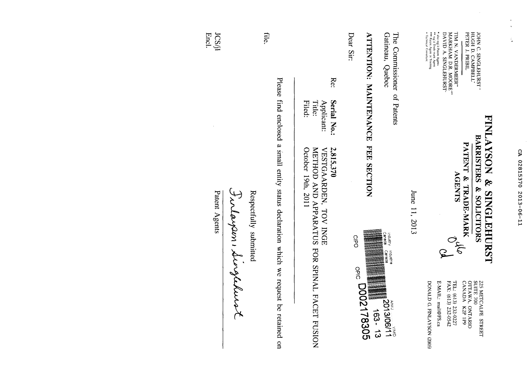Document de brevet canadien 2815370. Correspondance 20130611. Image 1 de 2