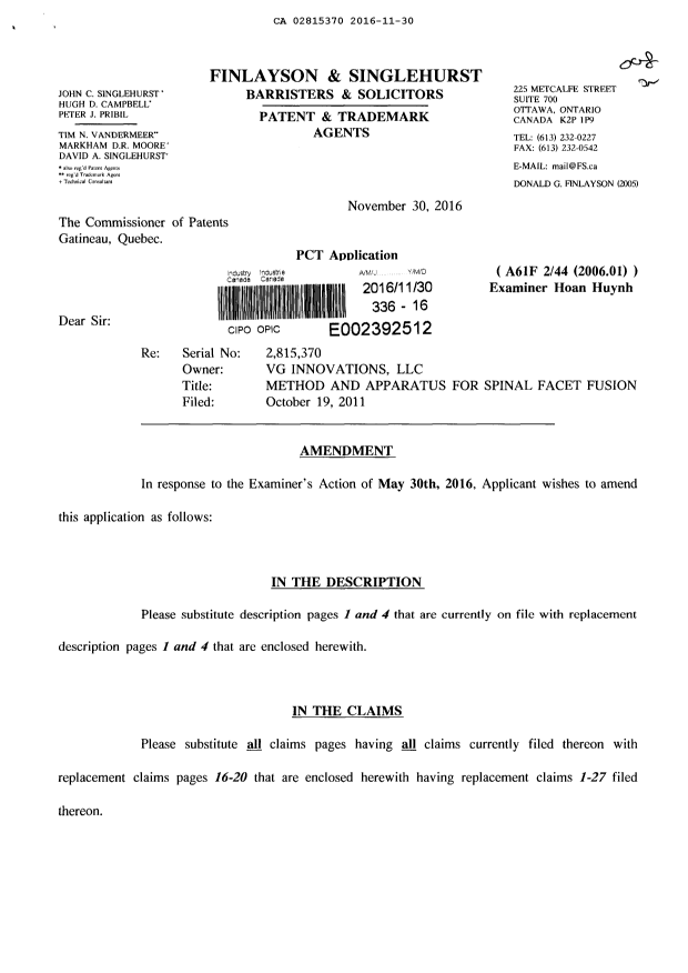 Document de brevet canadien 2815370. Poursuite-Amendment 20151230. Image 1 de 68