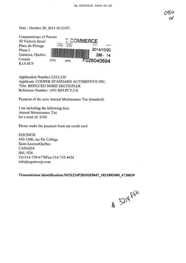 Canadian Patent Document 2815510. Fees 20141020. Image 1 of 1