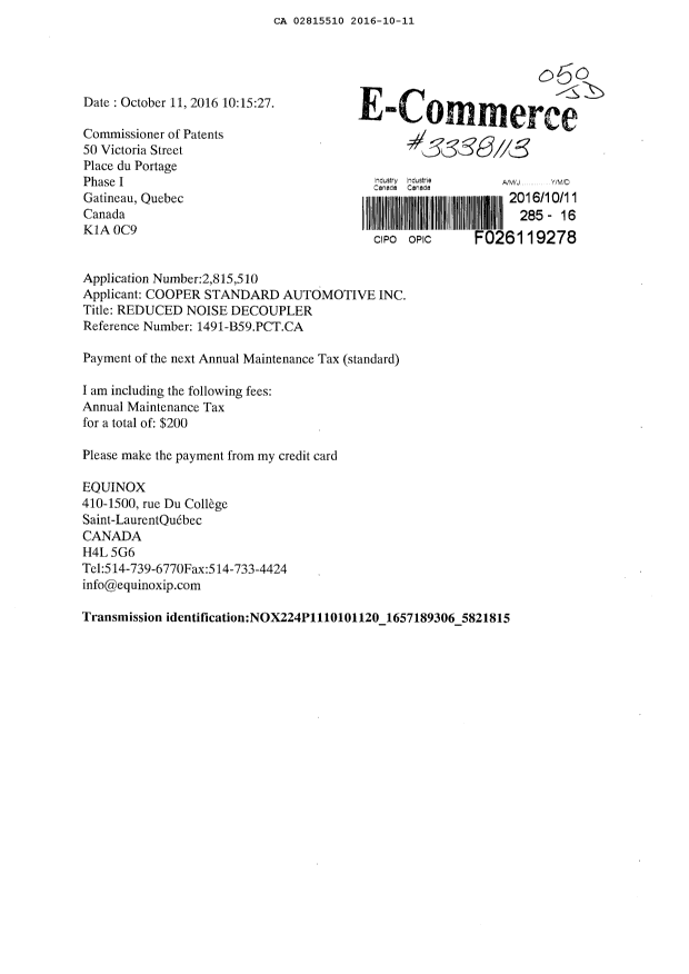 Document de brevet canadien 2815510. Taxes 20151211. Image 1 de 1