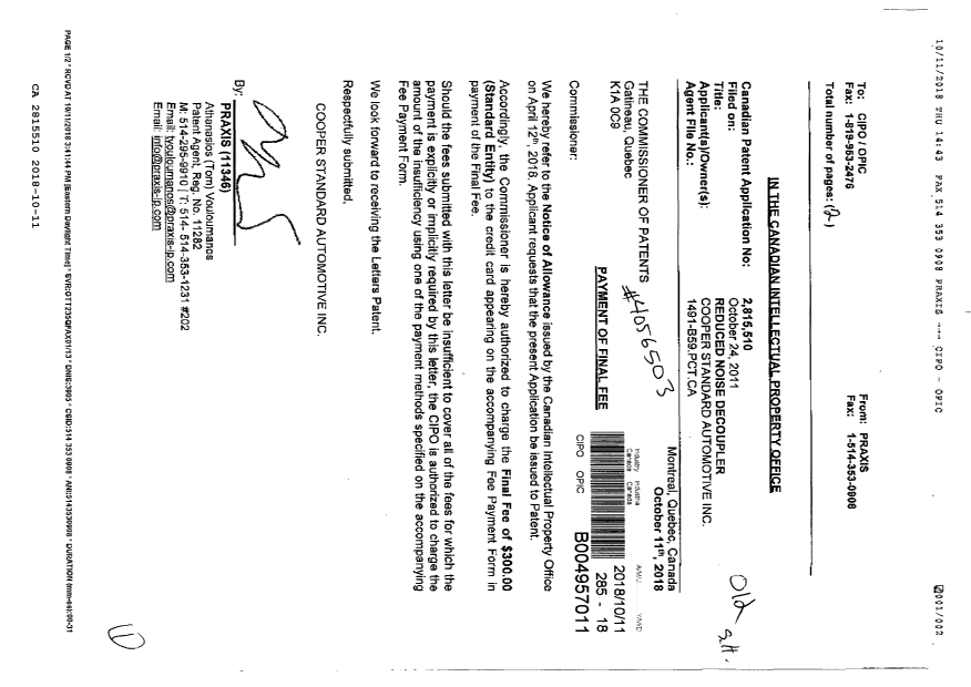 Canadian Patent Document 2815510. Final Fee 20181011. Image 1 of 1