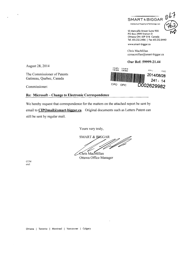 Document de brevet canadien 2815526. Correspondance 20140828. Image 1 de 2