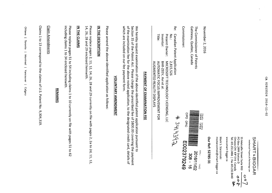 Document de brevet canadien 2815526. Poursuite-Amendment 20151202. Image 1 de 26