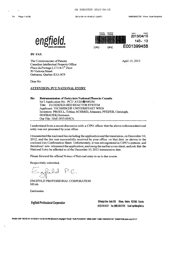 Document de brevet canadien 2815555. Correspondance 20121215. Image 1 de 2