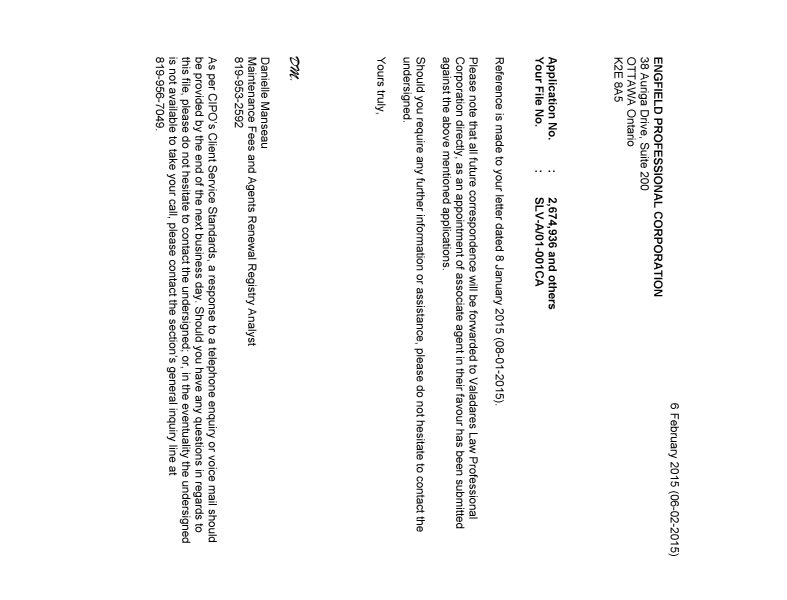 Document de brevet canadien 2815555. Correspondance 20141206. Image 1 de 2