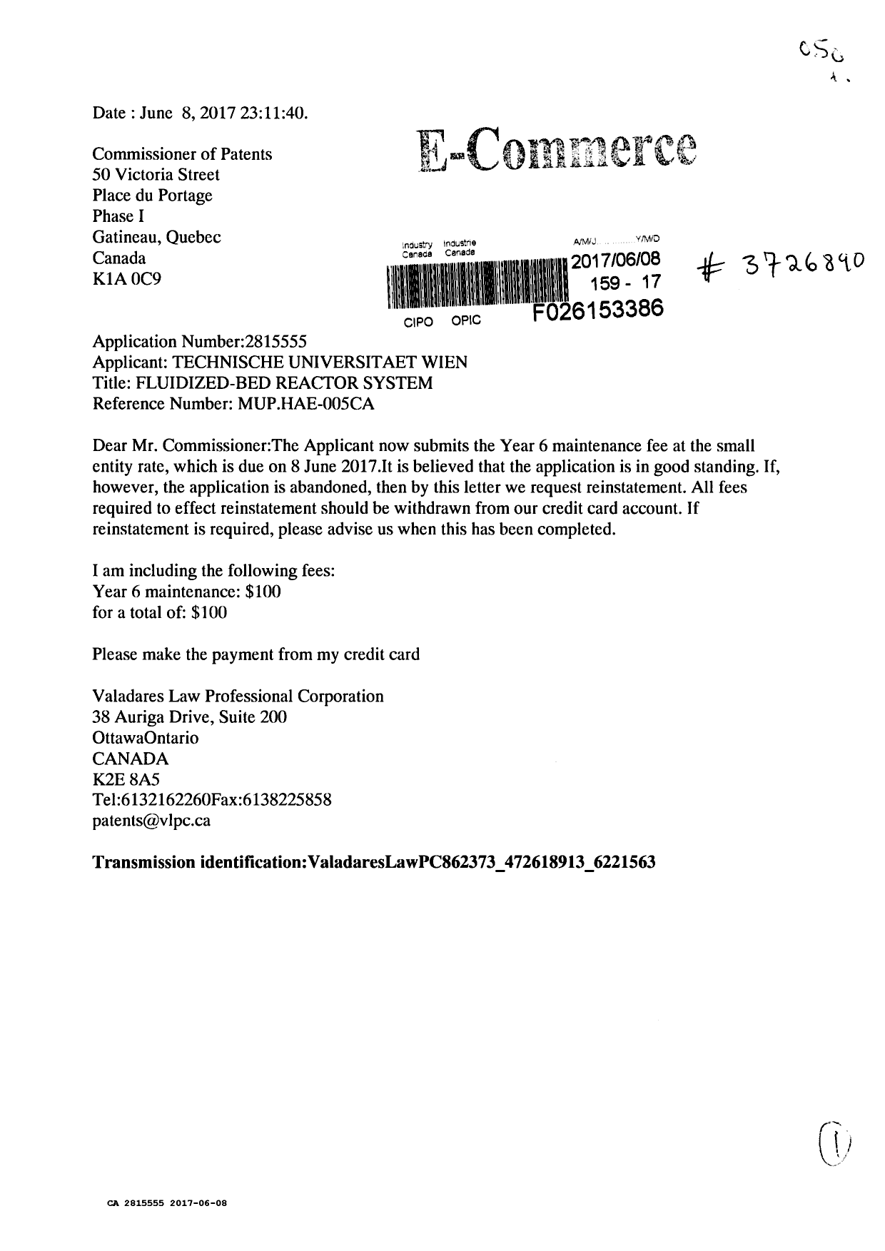 Document de brevet canadien 2815555. Paiement de taxe périodique 20170608. Image 1 de 1