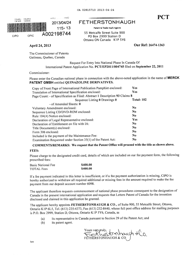 Document de brevet canadien 2815710. Cession 20130424. Image 1 de 2
