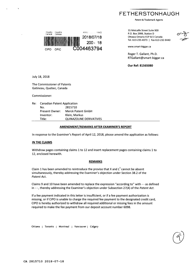 Document de brevet canadien 2815710. Modification 20180718. Image 1 de 9