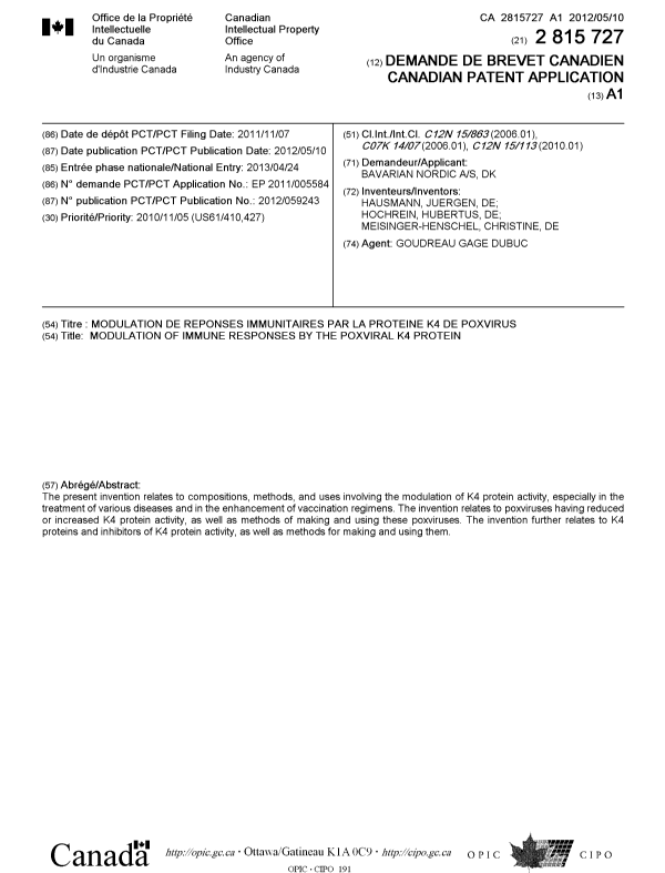 Document de brevet canadien 2815727. Page couverture 20121204. Image 1 de 1