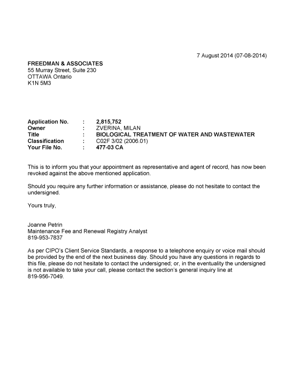 Document de brevet canadien 2815752. Correspondance 20131207. Image 1 de 1