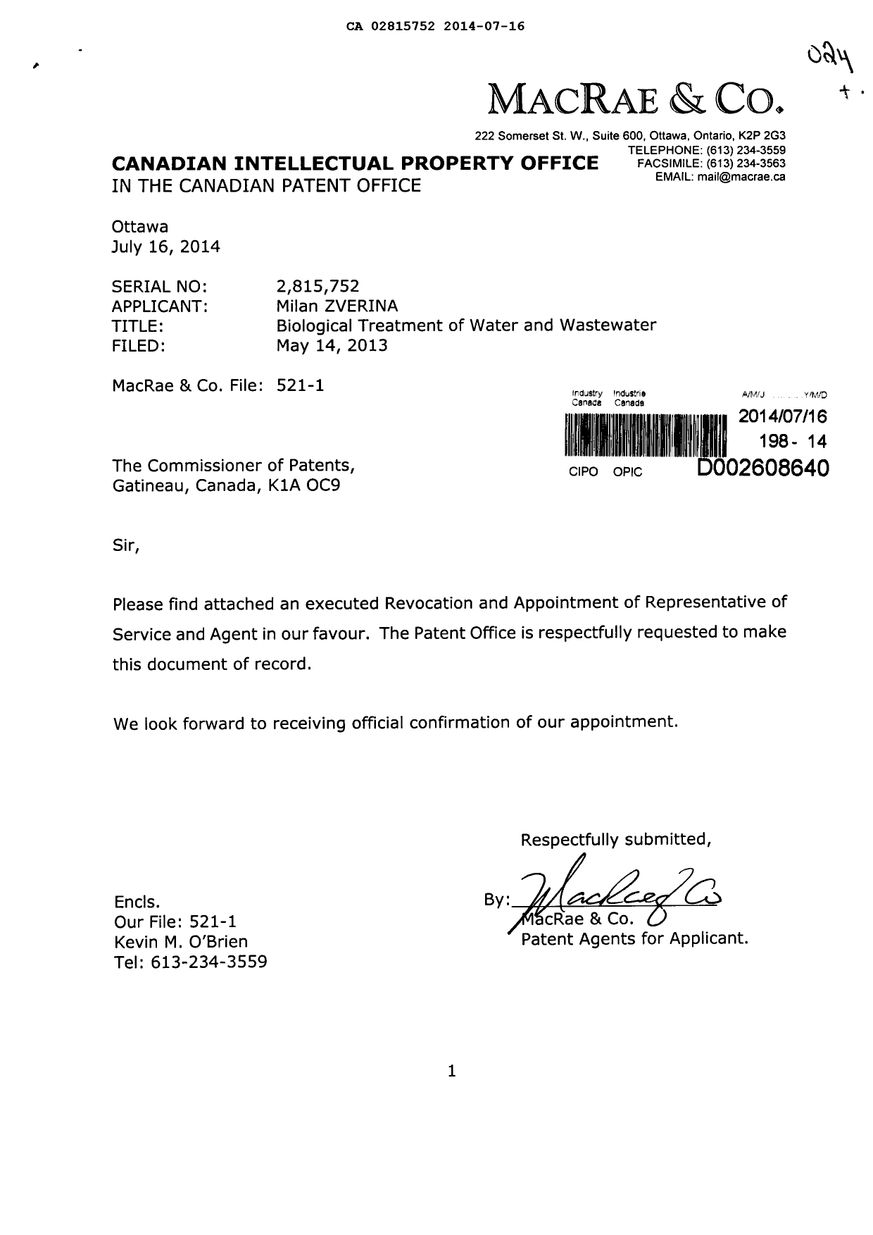 Document de brevet canadien 2815752. Correspondance 20131216. Image 1 de 2