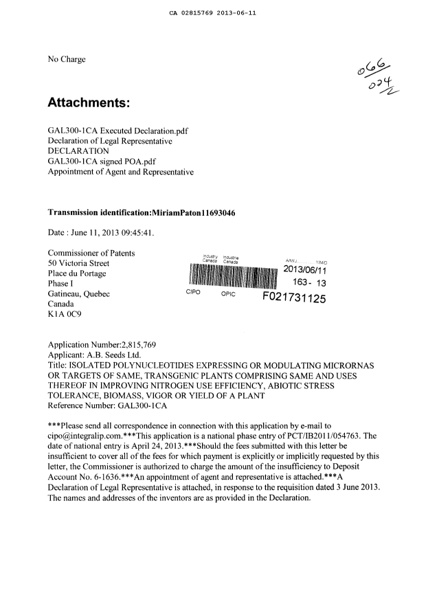 Document de brevet canadien 2815769. Correspondance 20130611. Image 1 de 4