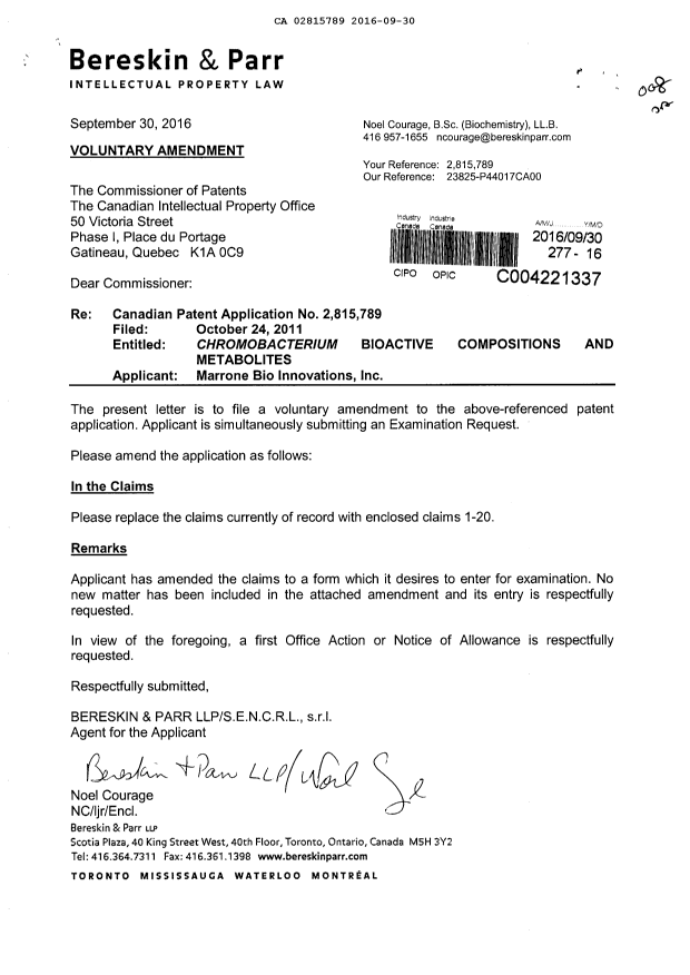 Document de brevet canadien 2815789. Poursuite-Amendment 20151230. Image 1 de 4