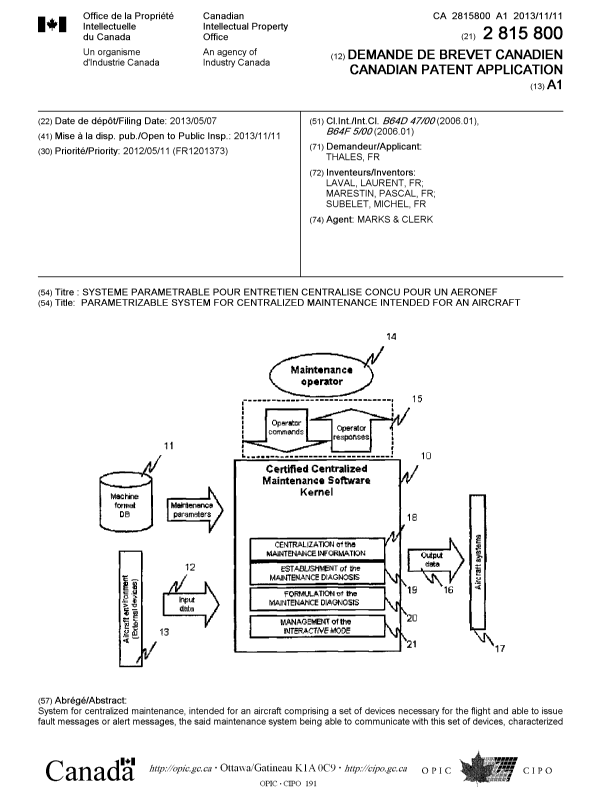 Document de brevet canadien 2815800. Page couverture 20131118. Image 1 de 2