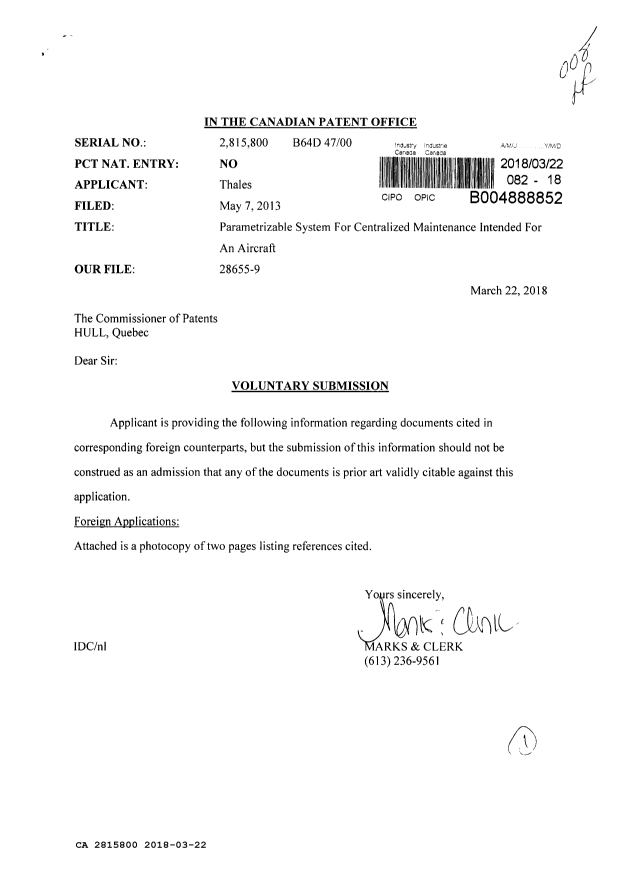 Document de brevet canadien 2815800. Modification 20180322. Image 1 de 1
