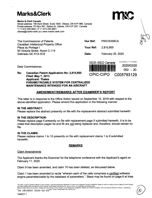 Document de brevet canadien 2815800. Modification 20200220. Image 1 de 10