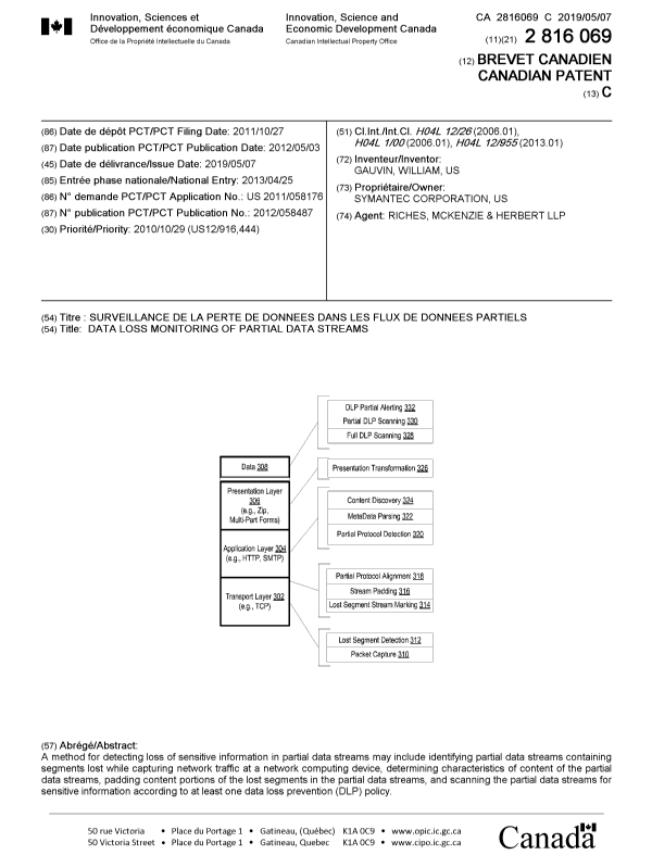 Document de brevet canadien 2816069. Page couverture 20190408. Image 1 de 1