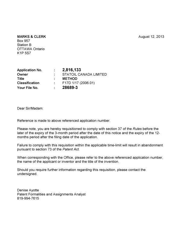 Document de brevet canadien 2816133. Correspondance 20121212. Image 1 de 1