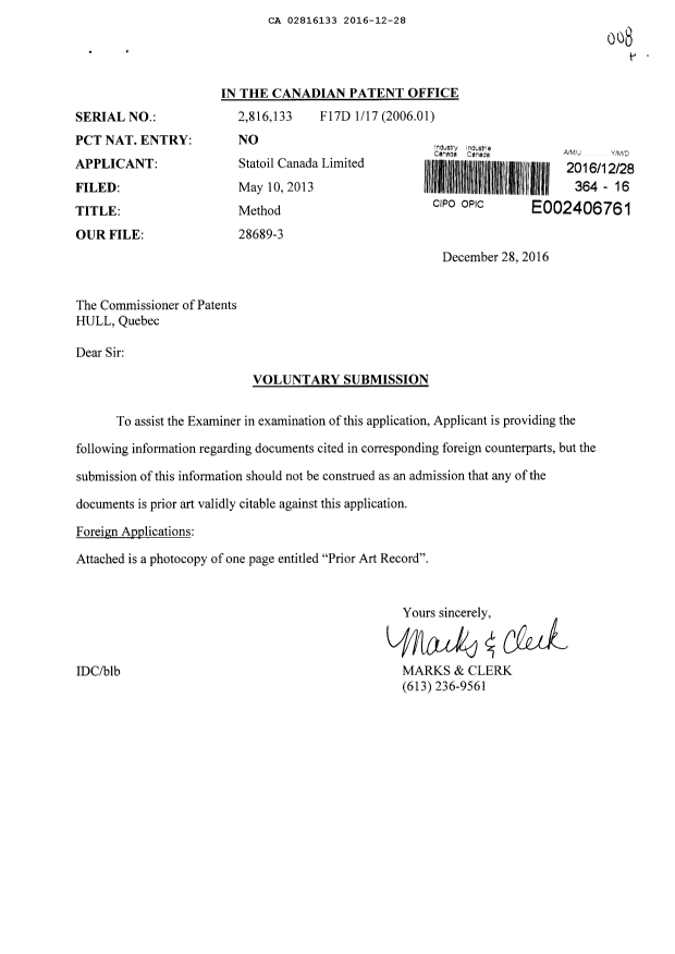 Document de brevet canadien 2816133. Poursuite-Amendment 20151228. Image 1 de 1