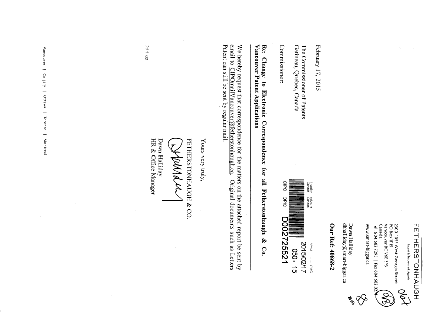 Document de brevet canadien 2816164. Correspondance 20141217. Image 1 de 3