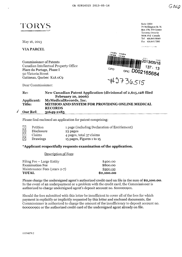 Document de brevet canadien 2816315. Cession 20130516. Image 1 de 3