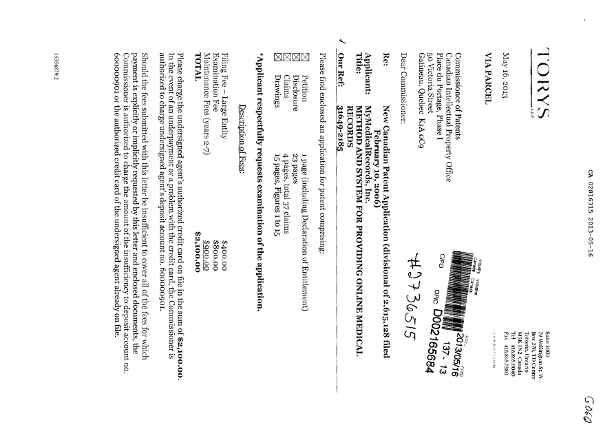 Canadian Patent Document 2816315. Assignment 20130516. Image 1 of 3