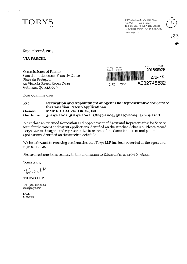 Document de brevet canadien 2816315. Correspondance 20150928. Image 1 de 3