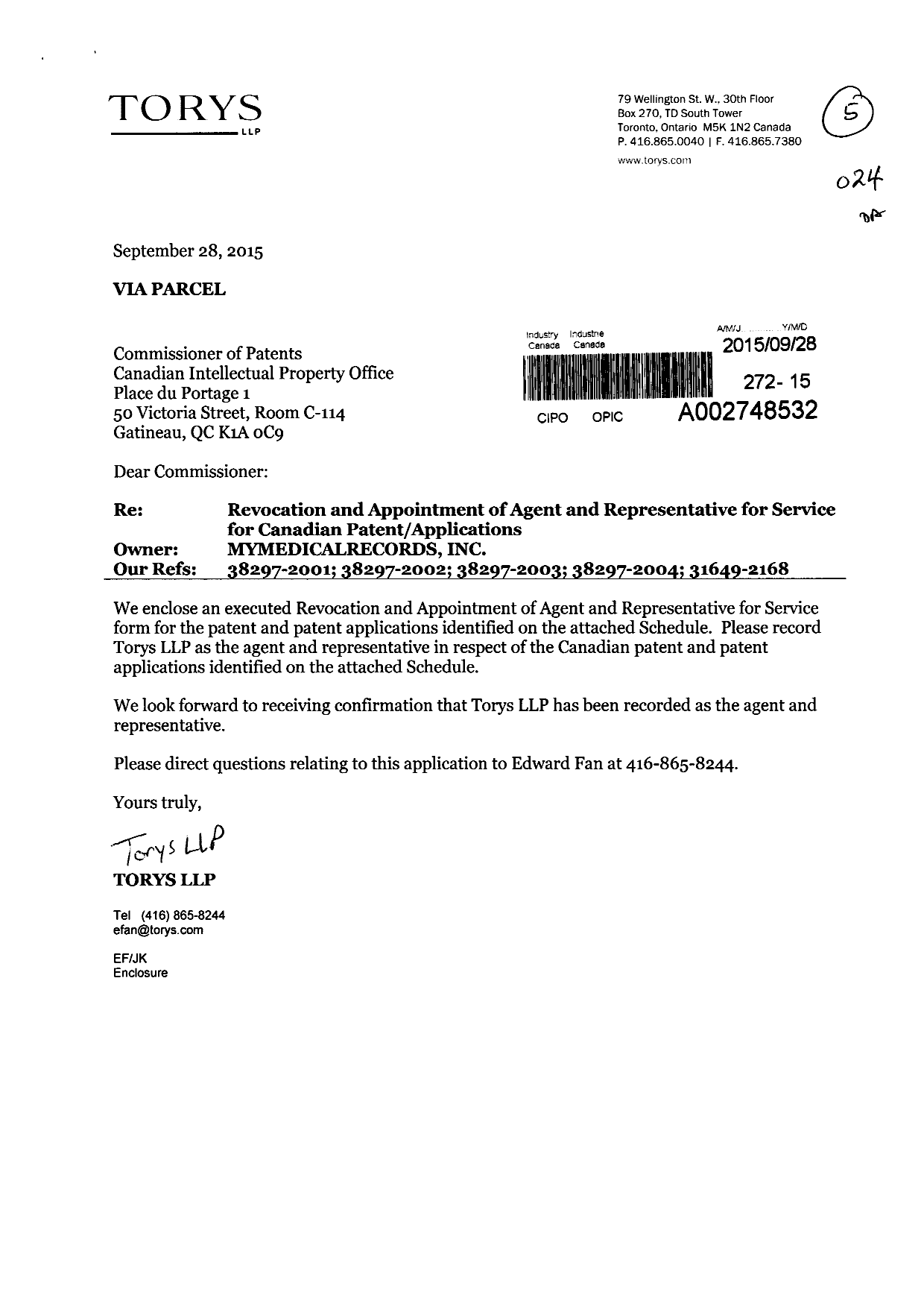 Canadian Patent Document 2816315. Correspondence 20150928. Image 1 of 3