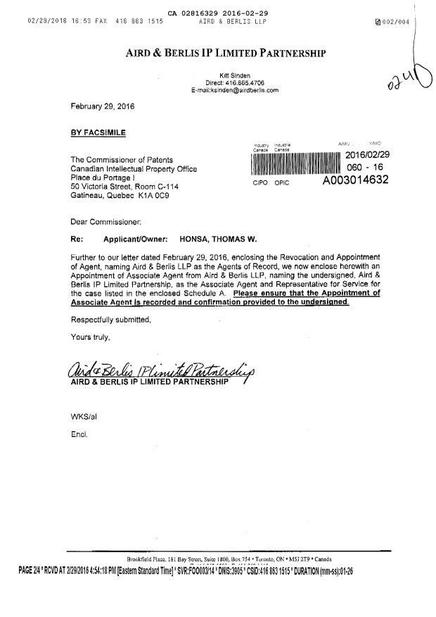 Document de brevet canadien 2816329. Correspondance 20151229. Image 1 de 4