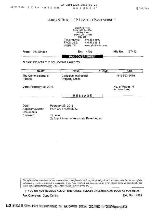 Document de brevet canadien 2816329. Correspondance 20151229. Image 2 de 4