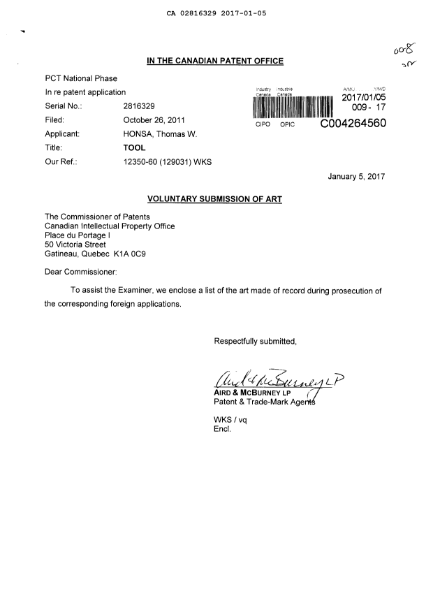 Document de brevet canadien 2816329. Poursuite-Amendment 20161205. Image 1 de 1