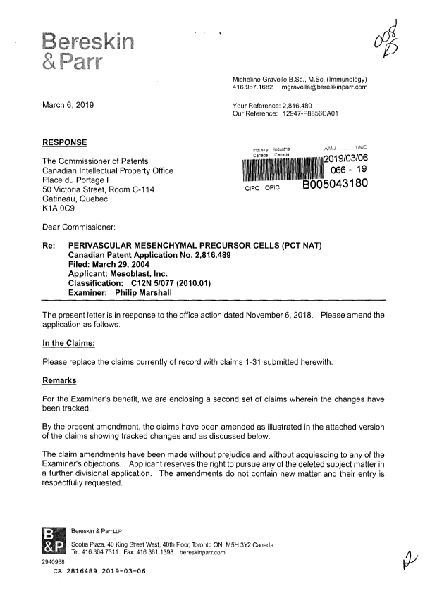Document de brevet canadien 2816489. Modification 20190306. Image 1 de 12