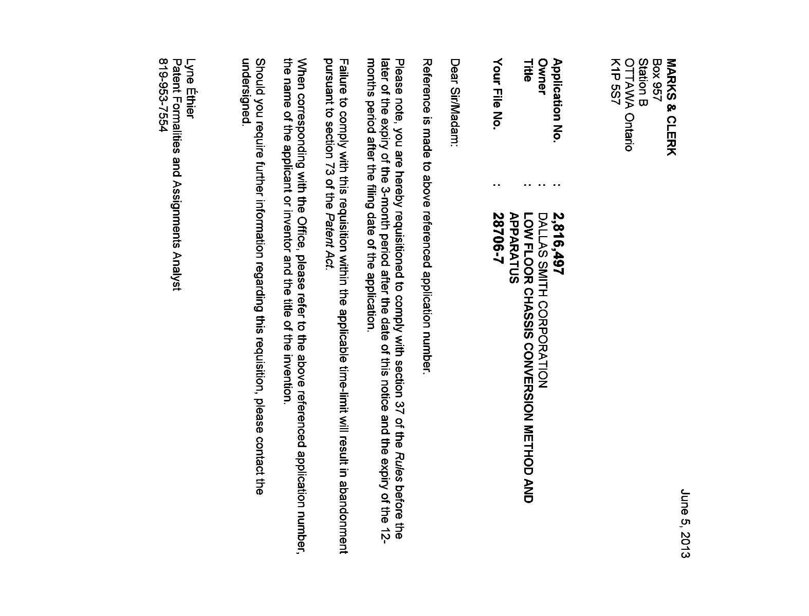 Document de brevet canadien 2816497. Correspondance 20121205. Image 1 de 1