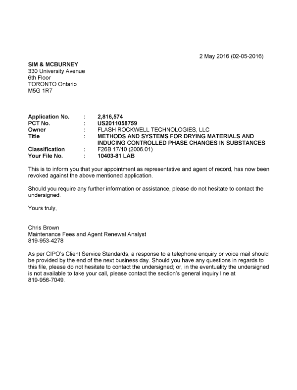 Document de brevet canadien 2816574. Correspondance 20151202. Image 1 de 1