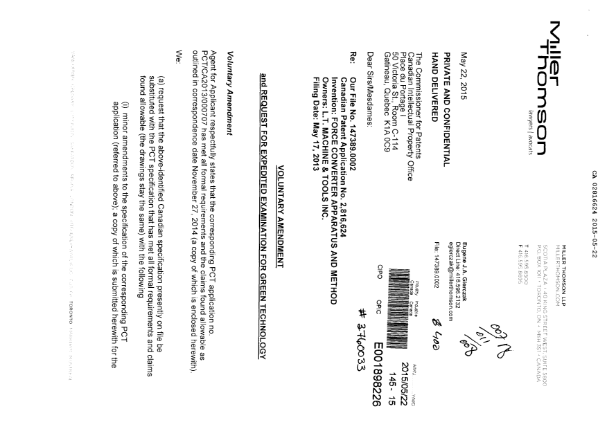 Canadian Patent Document 2816624. Prosecution-Amendment 20150522. Image 1 of 88