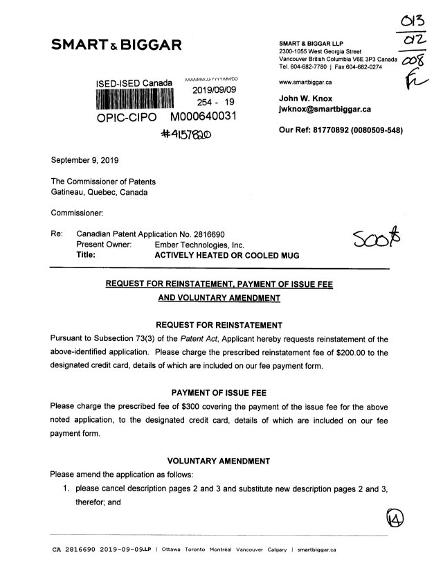 Document de brevet canadien 2816690. Rétablissement 20190909. Image 1 de 14