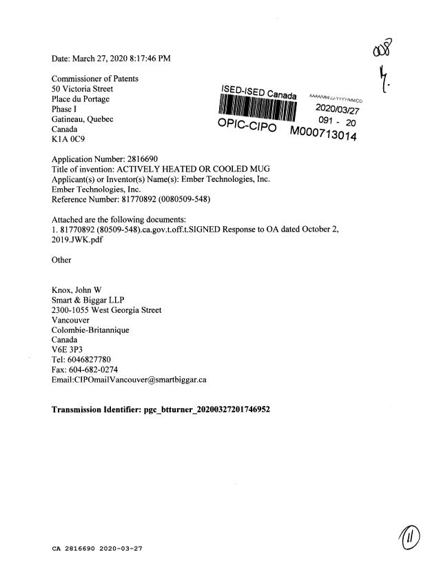 Canadian Patent Document 2816690. Amendment 20200327. Image 1 of 11