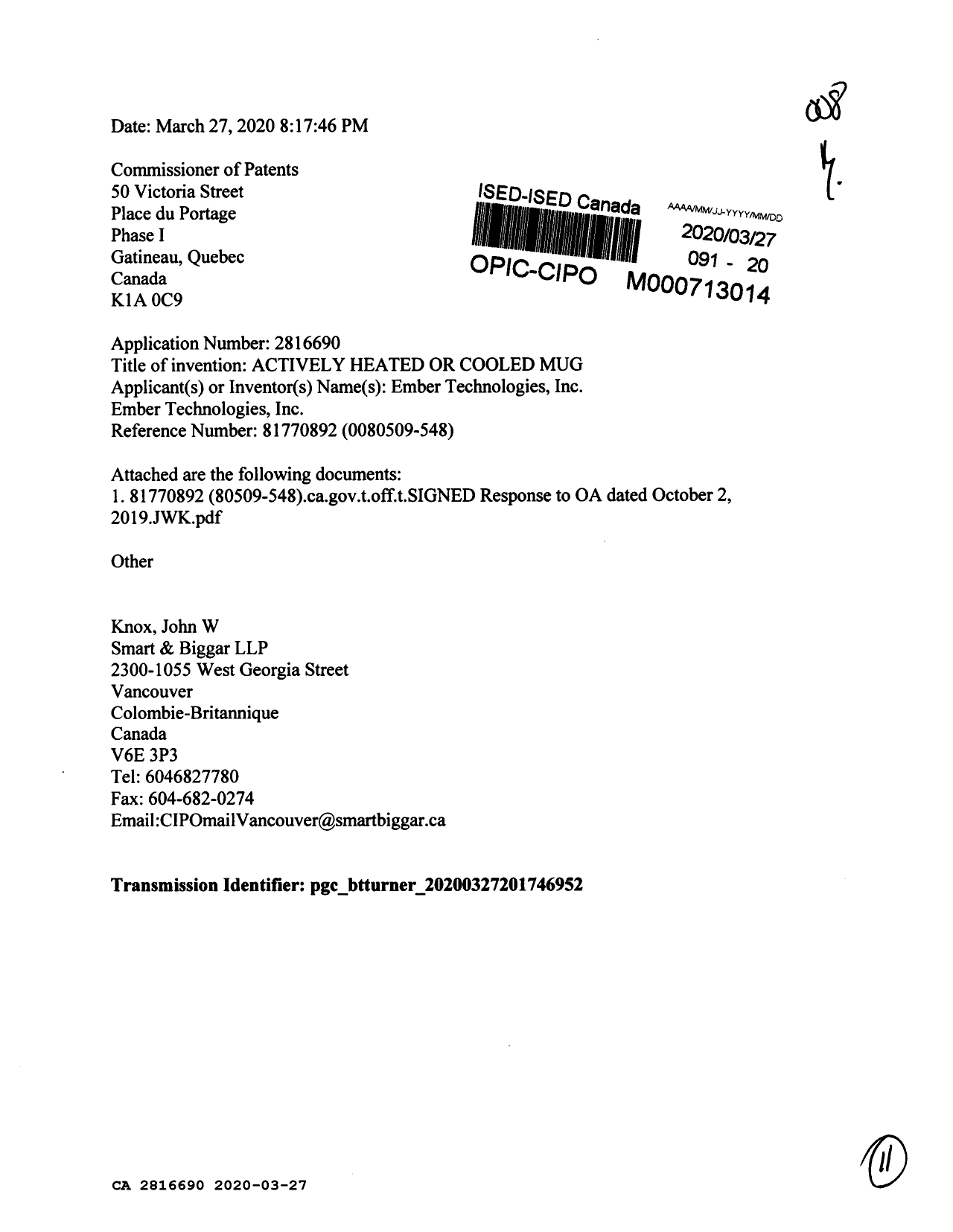 Canadian Patent Document 2816690. Amendment 20200327. Image 1 of 11