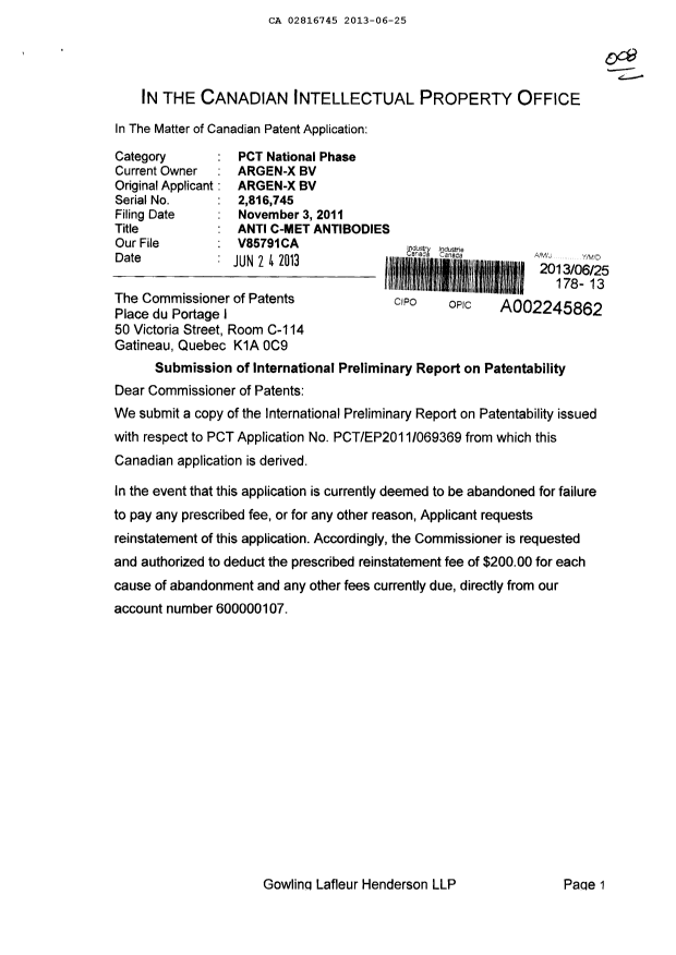 Document de brevet canadien 2816745. Poursuite-Amendment 20121225. Image 1 de 2