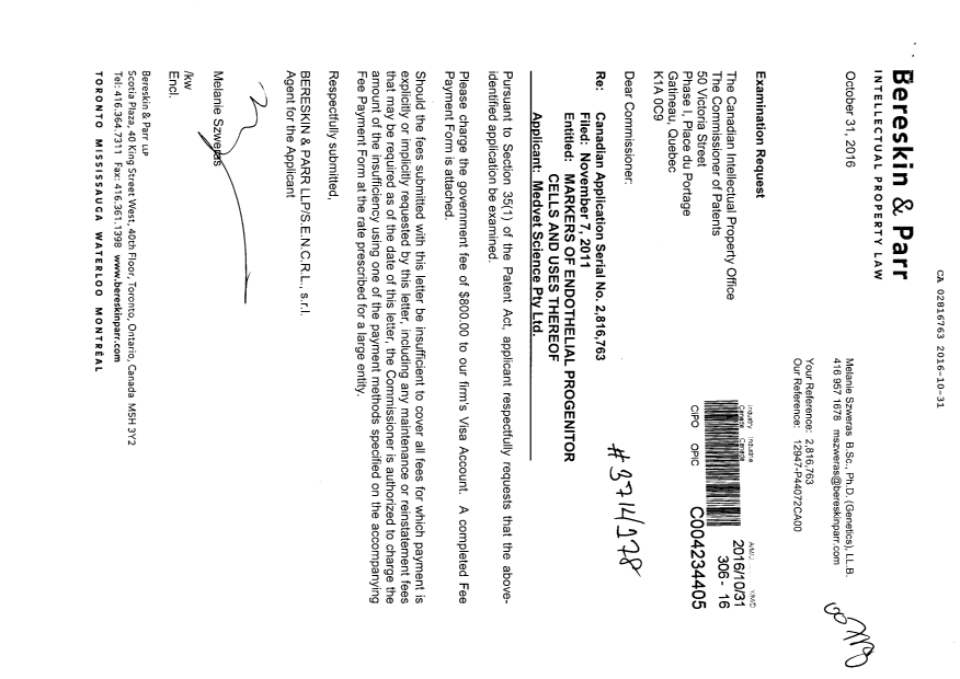 Document de brevet canadien 2816763. Poursuite-Amendment 20151231. Image 1 de 1